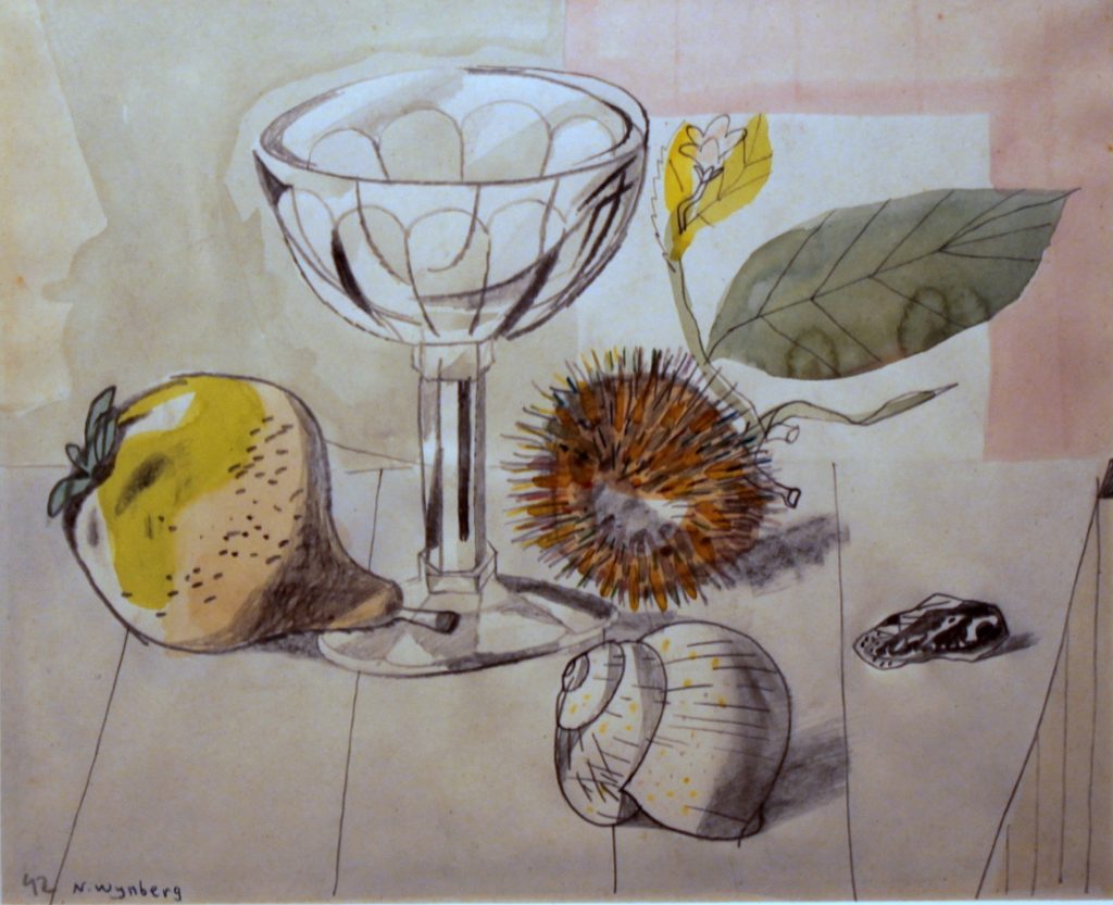 wijnberg_stilleven_wijnglas_peer_schelpen_aquarel_1942